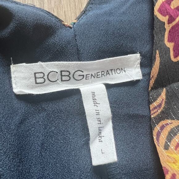 BCBGeneration Navy Blue/Black Metallic Floral Dress, Size Large, Mini Longsleeve - Picture 6 of 11